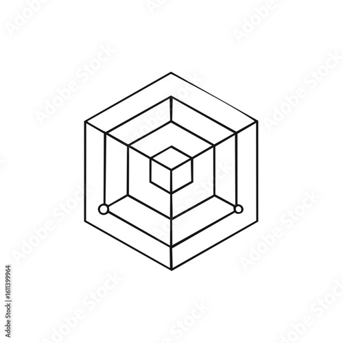 Abstract geometric cube structure with concentric square frames and spherical nodes