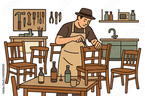 Vector illustration of a jeweler working in a jewelry shop, depicted as a sketch doodle with hand-drawn black lines isolated on a white background