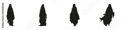 Hooded Figures In Silhouette Set. Mysterious And Enigmatic Character Symbol Collection. Fantasy And Horror Theme Use. Isolated Vector Illustration