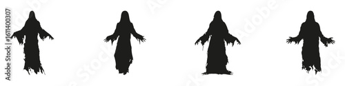 Ghostly Figures In Silhouette Set. Halloween And Horror Theme Collection. Spooky And Decorative Use. Isolated Vector Illustration