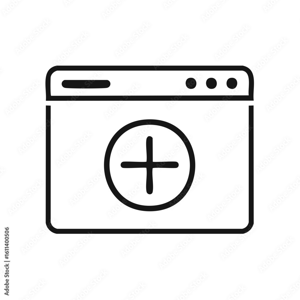 Fototapeta premium Add symbol inside web browser icon, black outline design