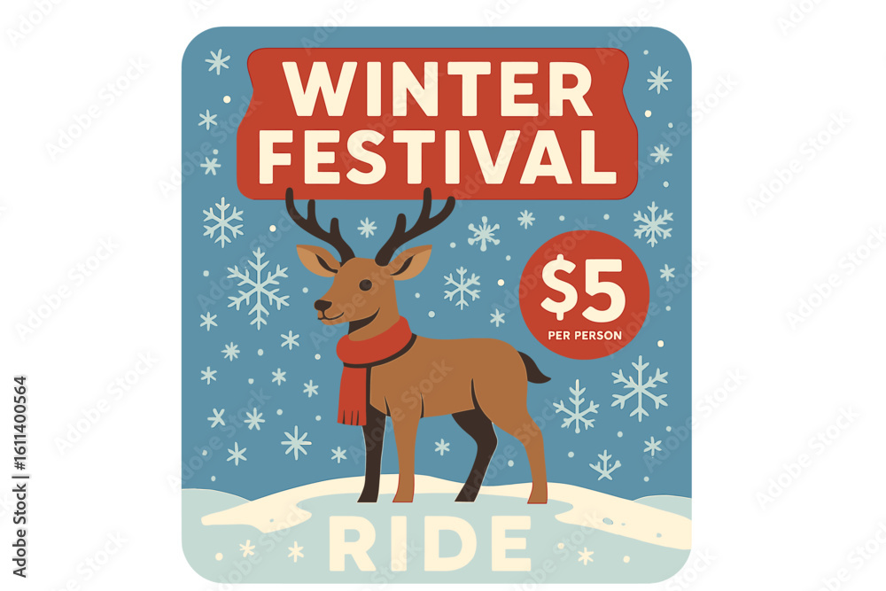 Naklejka premium Retro poster of an old fashioned reindeer sleigh with hand lettering and vintage hand drawn typography featuring a reindeer silhouette, advertising winter entertainment for the whole family