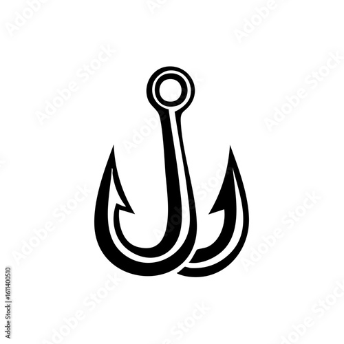 Stylized double fish hook icon. Black vector graphic for fishing sport or tattoo design.