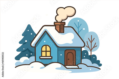 Adorable cartoon house situated on a winter Christmas mountains landscape background