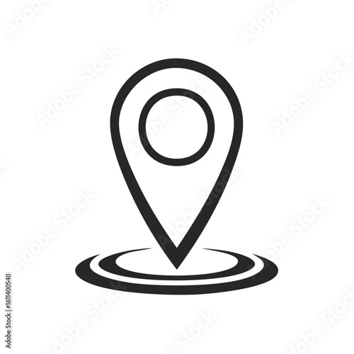 Simple Black and White Location Pin Icon Over Circles Marking Place on Map for Navigation Uses