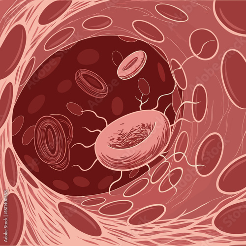Microscopic View of Blood Cells in Vessels
