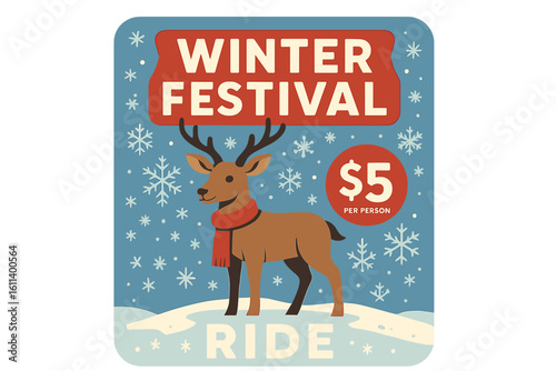 Retro poster of an old fashioned reindeer sleigh with hand lettering and vintage hand drawn typography featuring a reindeer silhouette, advertising winter entertainment for the whole family
