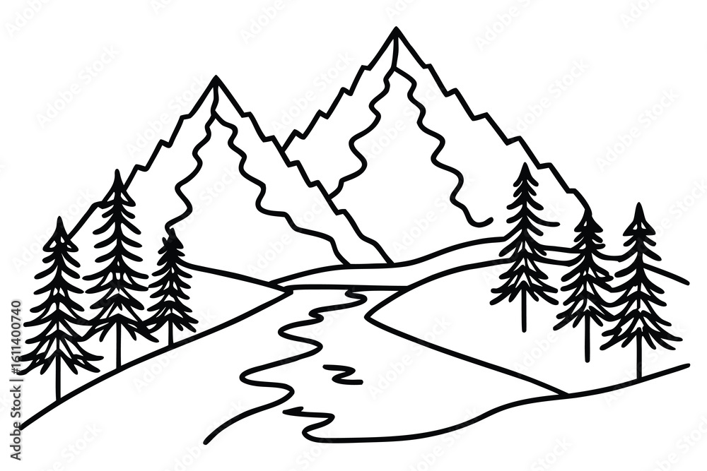 Obraz premium Smooth Line Art Mountain Landscape with Tall Pine Trees