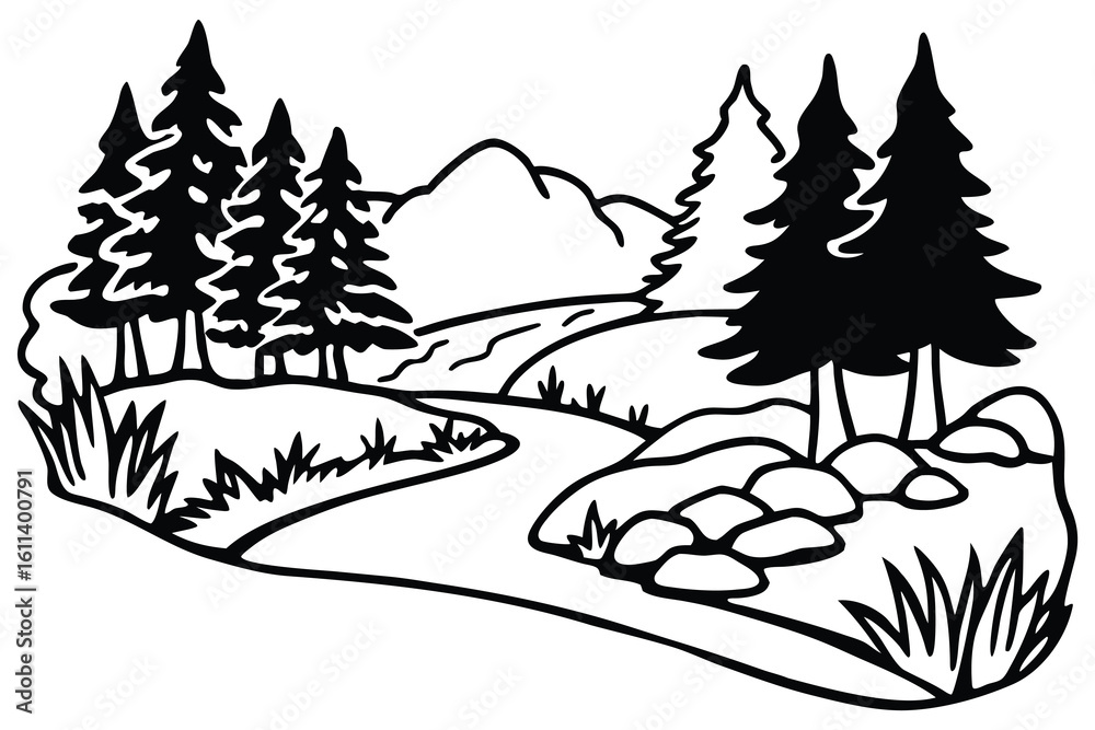 Obraz premium Serene River Landscape Smooth Line Art Vector Illustration
