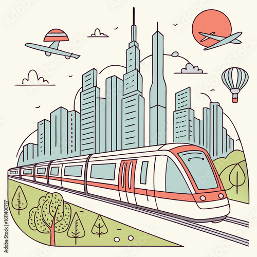 Modern Cityscape with High Speed Train and Airplanes