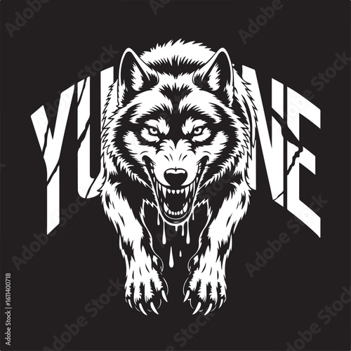 Dark art wolf angry scary head black and white. Wolf is ready for hunting and attacking t-shirt design and logo design 