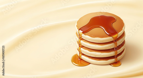 Stack of Fluffy Pancakes with Maple Syrup Drizzle on Creamy Neutral Background