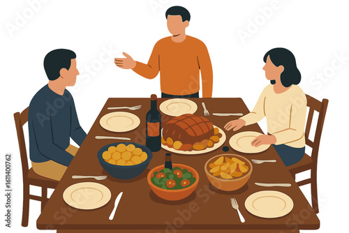 Vibrant top view of a bountiful Christmas feast with hands reaching for various mouthwatering dishes