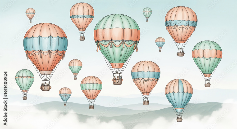 Obraz premium Pastel-colored hot air balloons float above a misty landscape, creating a serene and whimsical scene, symbolizing adventure, freedom, and lightheartedness