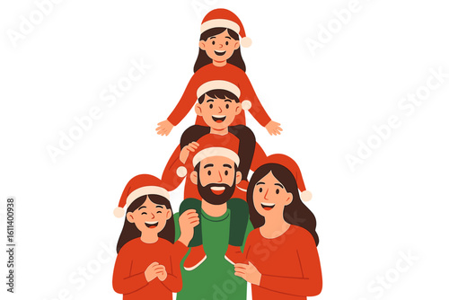 Vector illustration of happy parents with a newborn baby girl, a toddler boy, and a toddler girl wearing Santa hats, forming a Christmas family portrait, including a mother, father, daughter, and son