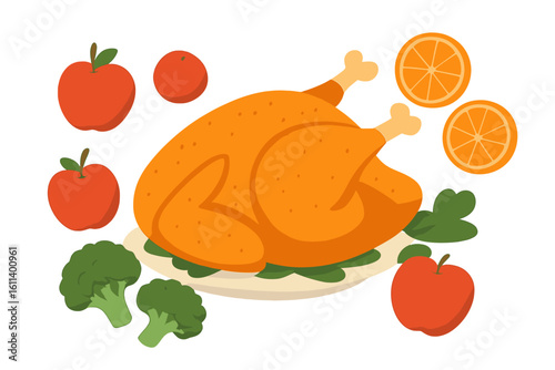 Illustration of a flawlessly roasted turkey decorated with apples, suitable for seasonal holiday themes