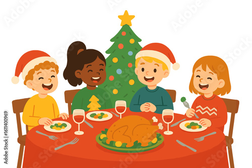Cartoon vector illustration of a happy afro-american family with dark skin mother, father and kids sitting at a festive decorated table with food, celebrating winter holidays during christmas dinner