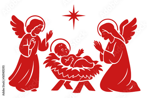 Christmas, the savior is born - Red line illustration of The Nativity featuring Mary and Joseph in a manger with baby Jesus under starlight in the sky in vector design