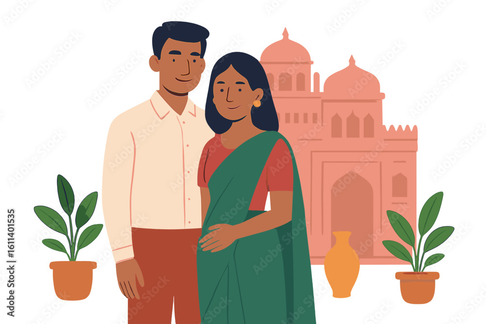 Obraz premium Vector illustration of a cute couple, the bride and groom, in traditional Indian dress as cartoon characters on a wedding invitation card