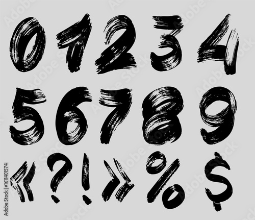 Grunge brush stroke numbers with rough texture. Bold, hand drawn digits in modern graffiti style. Dirty, dry brush lines create a raw, edgy look. Vector format, expressive and bold.