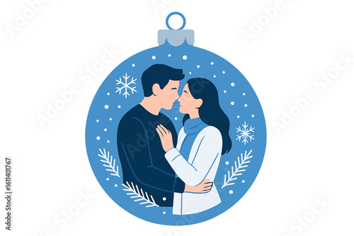 Christmas card featuring a merry Christmas banner with a paper cut art design of Mary, Joseph, and baby Jesus in a manger, surrounded by a Christmas ball and snow, in a vector illustration style