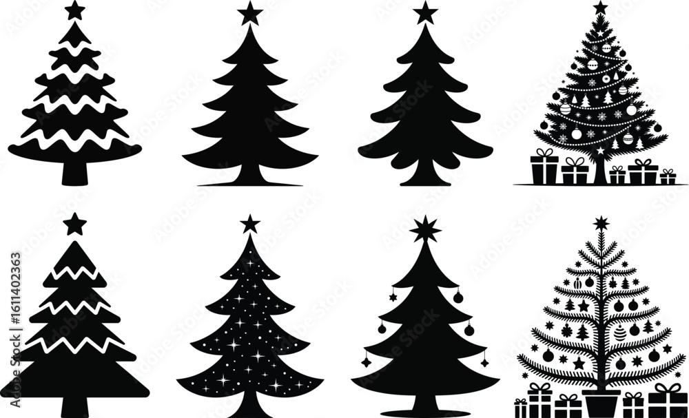 Fototapeta premium Set of Christmas Tree Silhouettes with Decorations and Gifts Vector