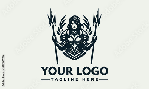 A powerful female warrior logo design, wielding two tridents, armored and fierce.