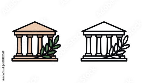 Ancient Greek Temple with Olive Branch Symbolizing Classical Architecture and Cultural Heritage, Set of Two