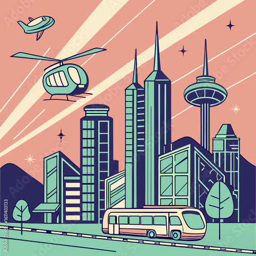 Pixel Art Cityscape at Sunset with Helicopter and Bus