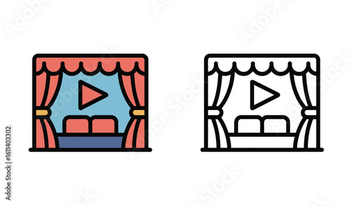 Play Button on Stage Icon with Curtains and Seats Depicting Cinema or Theater