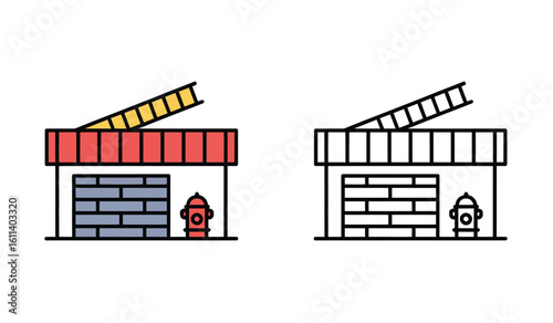 Fire Station Building Icons Depicting Firehouse Emergency Services with Ladders and Hydrants Illustrations