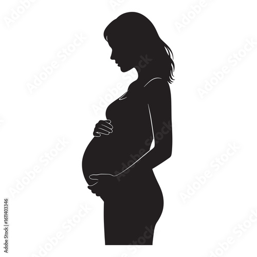 Elegant silhouette of a pregnant woman holding her belly expecting motherhood and parenthood