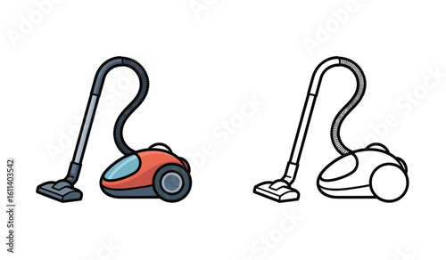 Vacuum Cleaner Illustration with Color and Outline Depiction of Home Cleaning Appliance