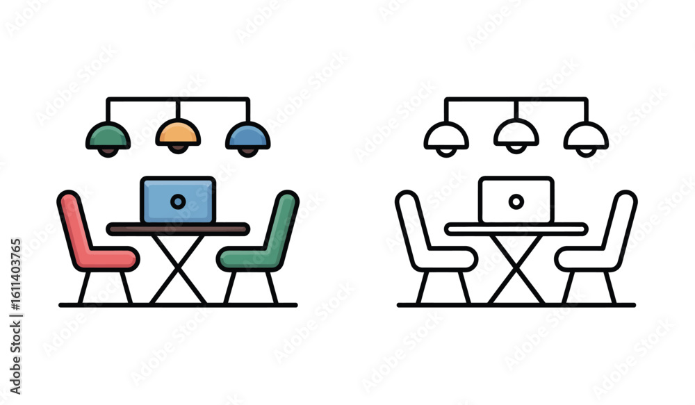 Fototapeta premium Colorful Workplace Illustration Office Tables with Laptops and Chairs Minimalist and Outline Workspace