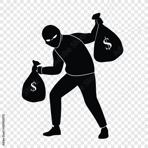Silhouette of a Masked Thief Carrying a Sack Full of Stolen Goods on a Transparent Background
