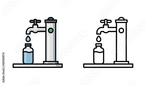 Two Versions of a Lab Water Dispenser Filling a Reagent Bottle on a Shelf