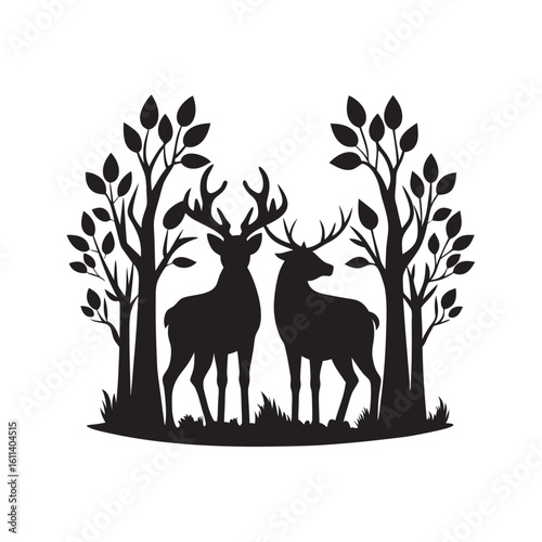 Two Antlered Bucks Meeting In Deep Woods Silhouette
