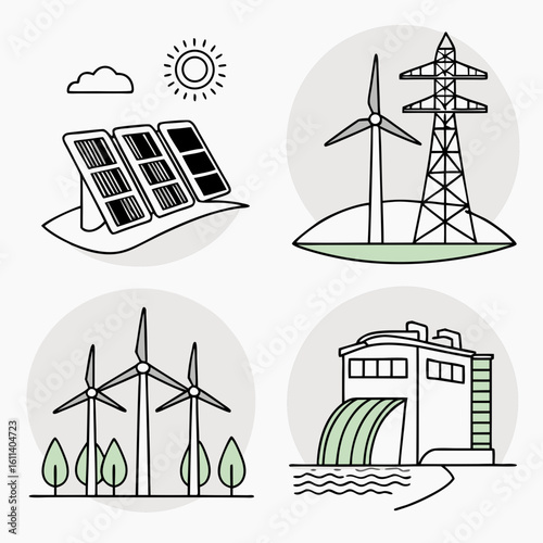 Renewable Energy Sources Illustration: Solar Panels, Wind Turbines, Hydropower Dam