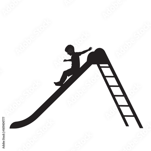 Silhouette of a child sliding down a playground slide in black and white illustration