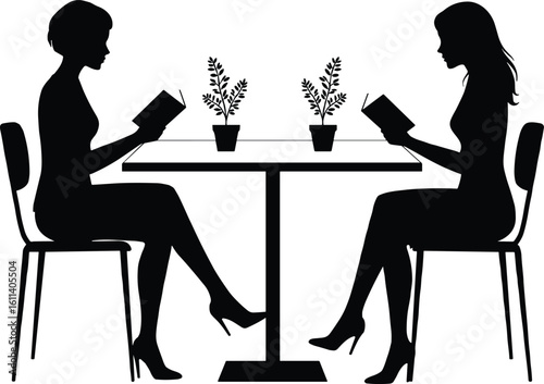 Two women reading books at table silhouette — female readers sitting across with plants, peaceful indoor café or home scene.