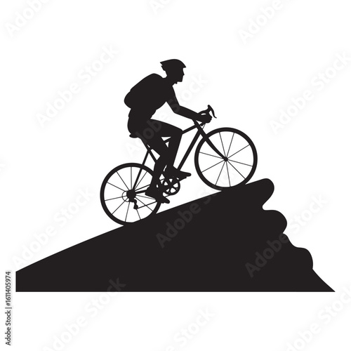 Silhouette of cyclist climbing steep terrain depicting sport and adventure on white background