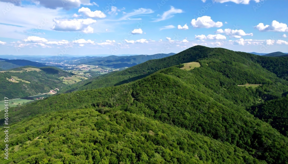 Fototapeta premium Lush mountain range under a partly cloudy sky