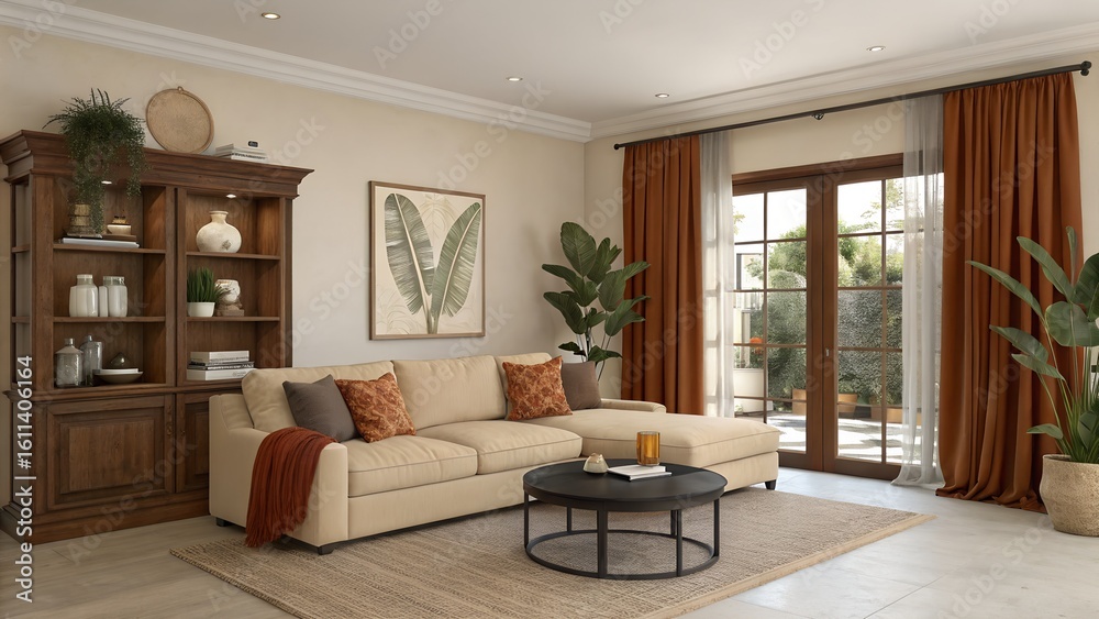 Fototapeta premium A modern living room features a comfortable beige sectional sofa and round coffee table. Warm curtains and green plants create an inviting, peaceful home interior space.