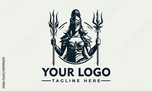 Warrior woman in armor holding tridents, logo concept.