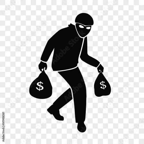 Silhouette of a Masked Thief Carrying a Sack Full of Stolen Goods on a Transparent Background
