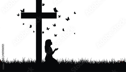 Silhouette of girl praying beside large cross with butterflies flying around, grass foreground, spiritual, faith, hope, nature concept