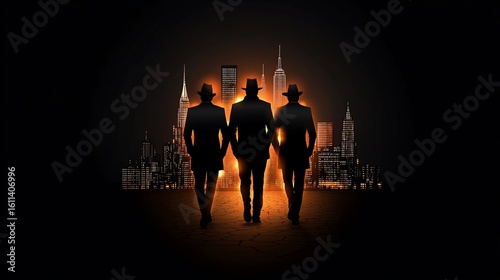 Three figures walking towards illuminated city skyline