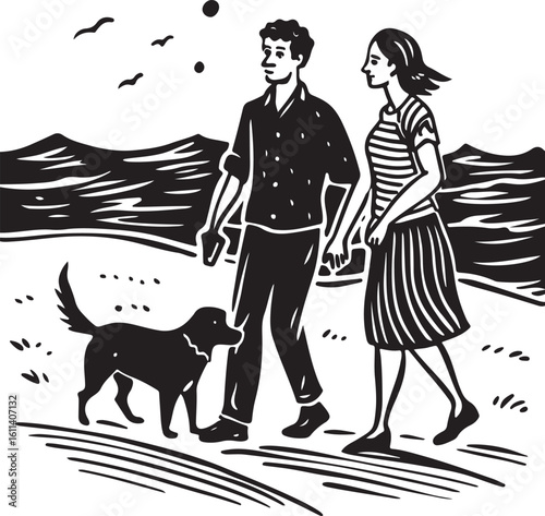 Young couple with their dog, a black silhouette vector illustration of people walking their pet in a park with a leash