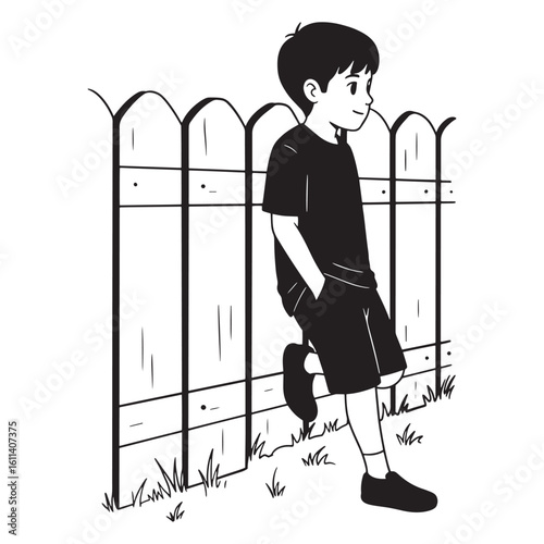 Young boy leaning on a fence contemplating or daydreaming in a simple black and white illustration