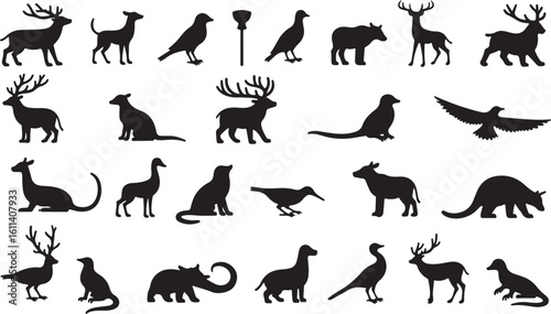 A black vector silhouette collection of various animals, including domestic pets like cats and dogs, and wild mammals such as wolves, deer, tigers, and kangaroos